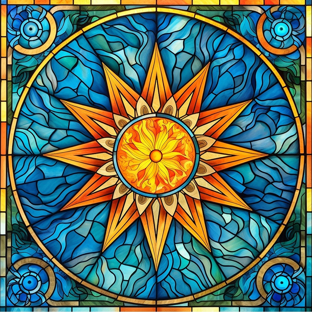 Defined Stain Glass Sun Diamond Painting  50x50 - Round Drill Diamonds